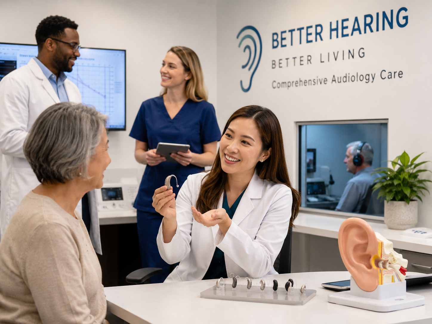 Audiologist fitting a hearing aid with a patient at a hearing care clinic