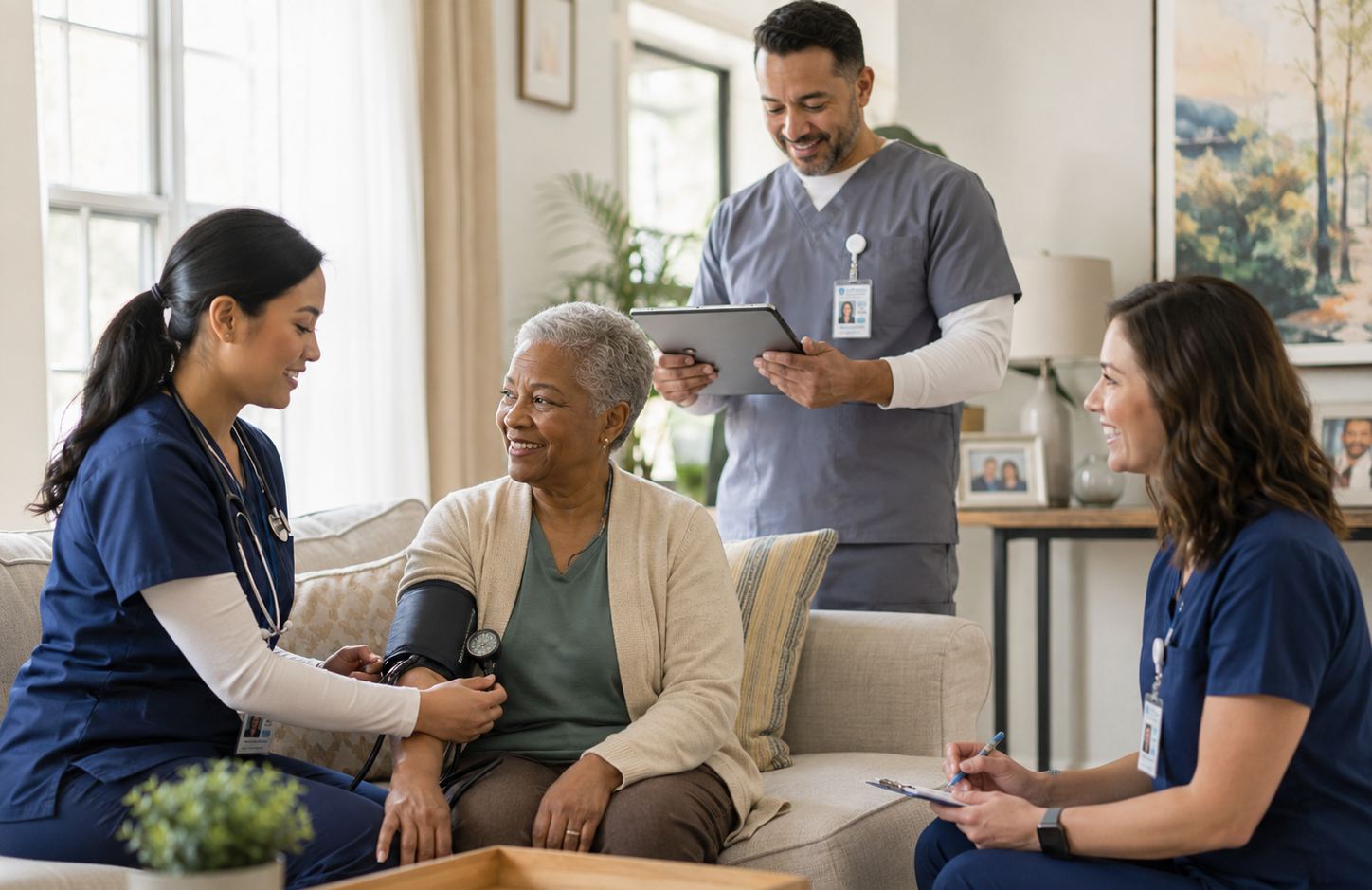 Home health clinicians caring for a patient in her living room
